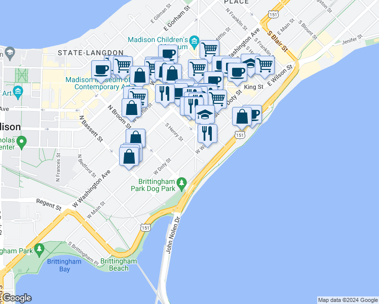 map of restaurants, bars, coffee shops, grocery stores, and more near 200 South Henry Street in Madison