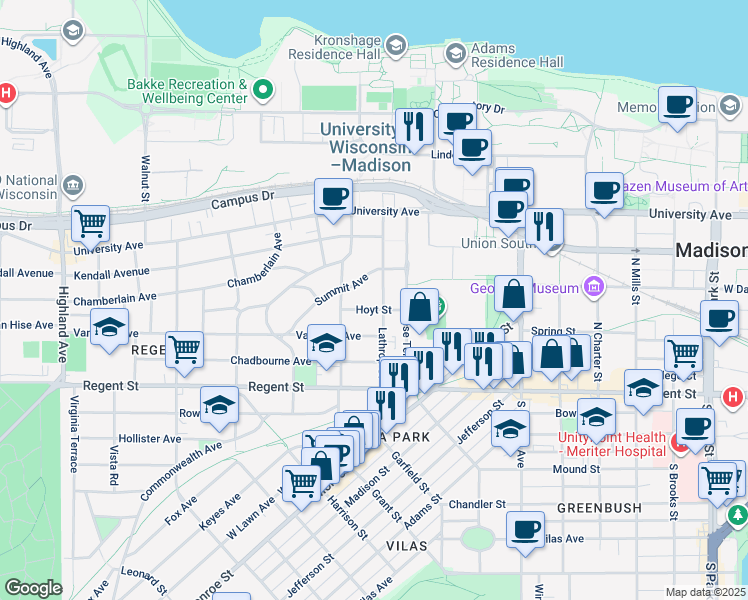 map of restaurants, bars, coffee shops, grocery stores, and more near 138 Lathrop Street in Madison