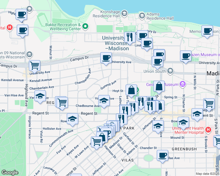 map of restaurants, bars, coffee shops, grocery stores, and more near 1727 Summit Avenue in Madison