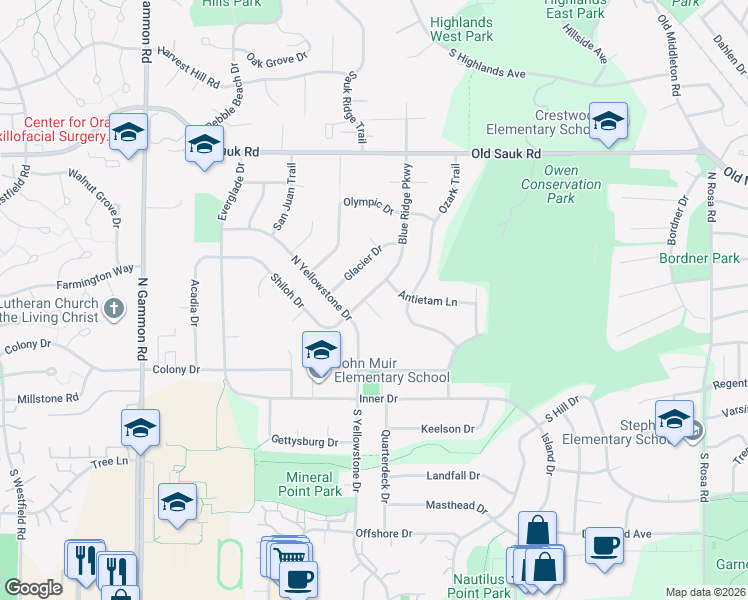 map of restaurants, bars, coffee shops, grocery stores, and more near 202 Blue Ridge Parkway in Madison