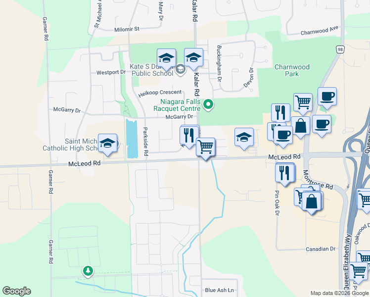 map of restaurants, bars, coffee shops, grocery stores, and more near 7082 Kelly Drive in Niagara Falls