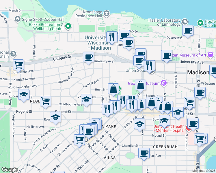 map of restaurants, bars, coffee shops, grocery stores, and more near 130 North Breese Terrace in Madison