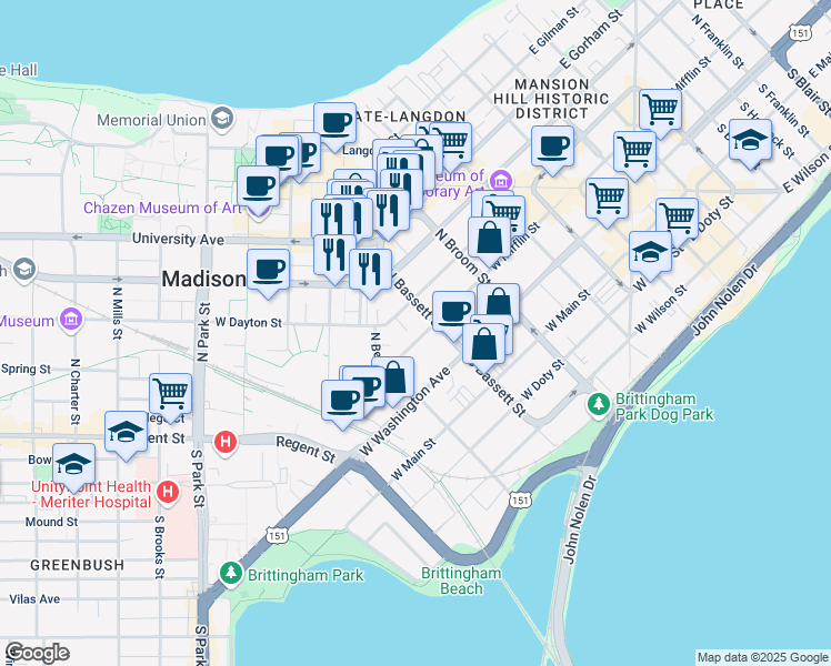 map of restaurants, bars, coffee shops, grocery stores, and more near 520 West Mifflin Street in Madison