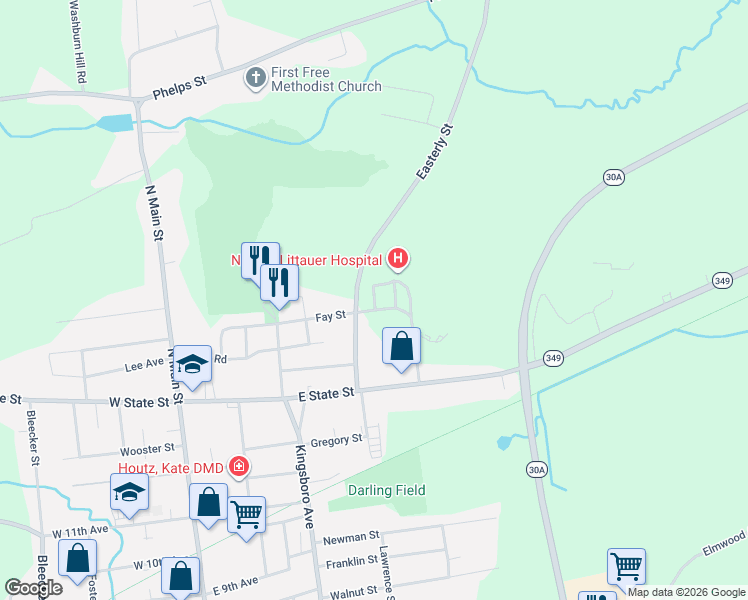 map of restaurants, bars, coffee shops, grocery stores, and more near 38 Easterly Street in Gloversville