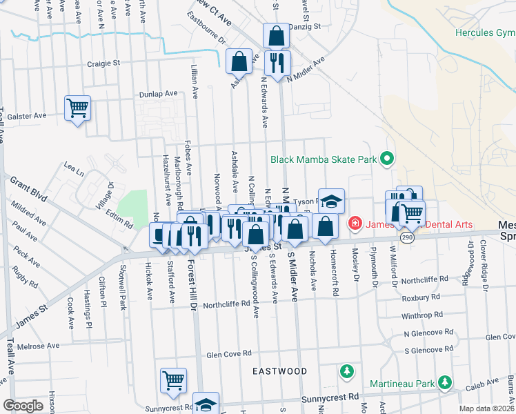 map of restaurants, bars, coffee shops, grocery stores, and more near 207 North Edwards Avenue in Syracuse