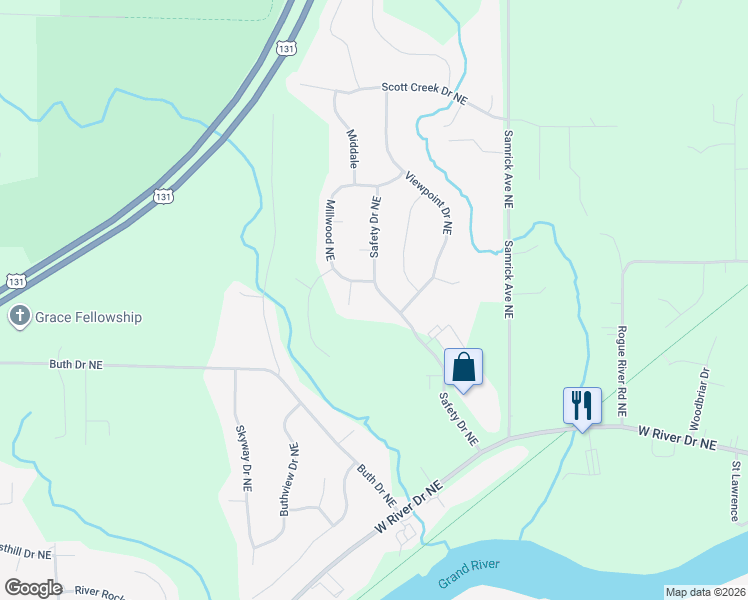 map of restaurants, bars, coffee shops, grocery stores, and more near 1203 Millwood Northeast in Plainfield charter Township