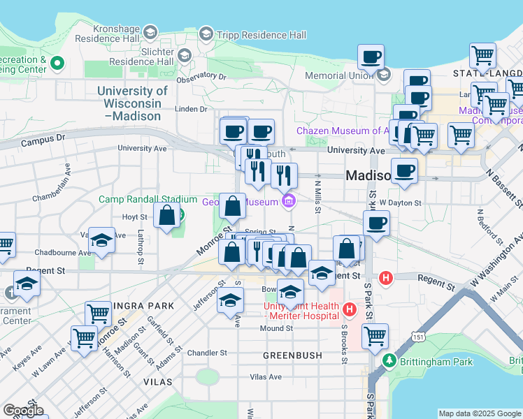 map of restaurants, bars, coffee shops, grocery stores, and more near 128 North Orchard Street in Madison