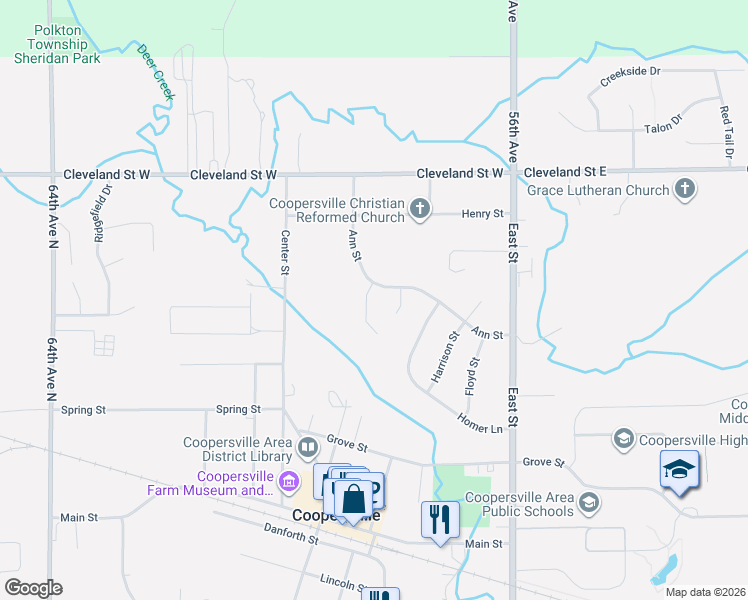 map of restaurants, bars, coffee shops, grocery stores, and more near 599 Venna Place in Coopersville