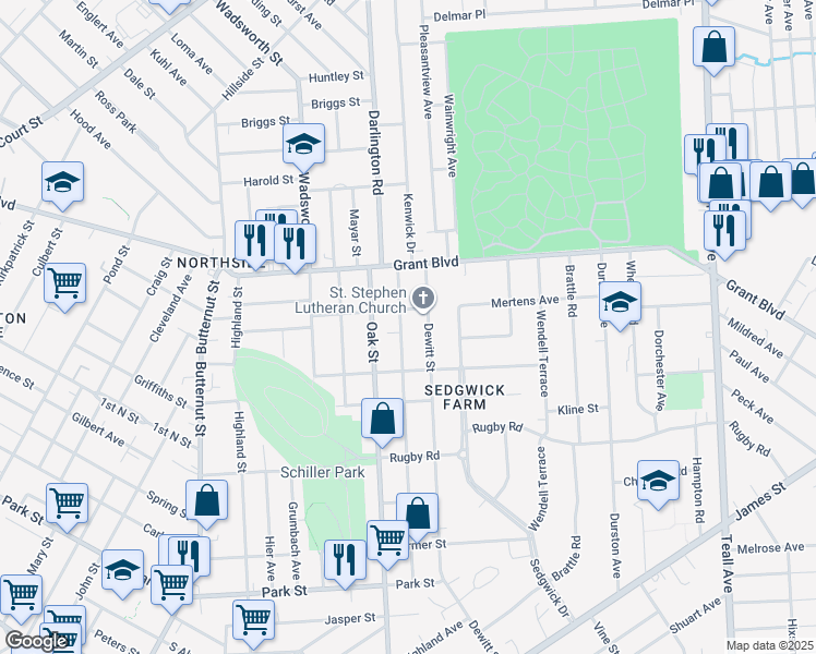 map of restaurants, bars, coffee shops, grocery stores, and more near 640 Helen Street in Syracuse