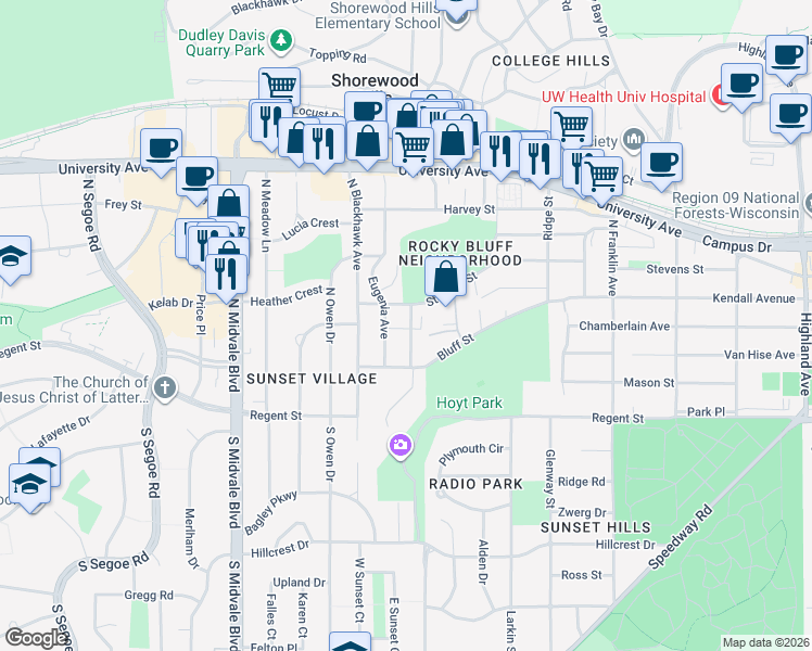 map of restaurants, bars, coffee shops, grocery stores, and more near 402 Palomino Lane in Madison