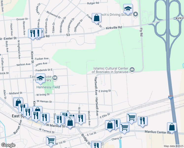 map of restaurants, bars, coffee shops, grocery stores, and more near 88 James Street in East Syracuse