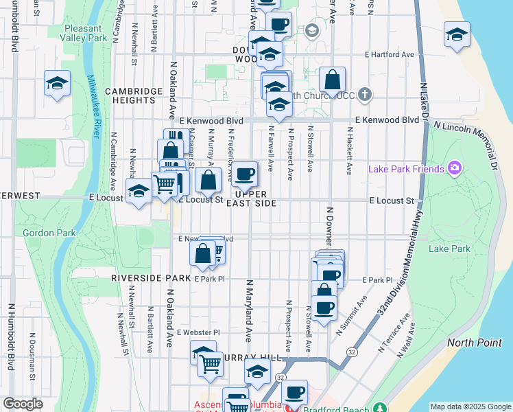 map of restaurants, bars, coffee shops, grocery stores, and more near 2856 North Maryland Avenue in Milwaukee