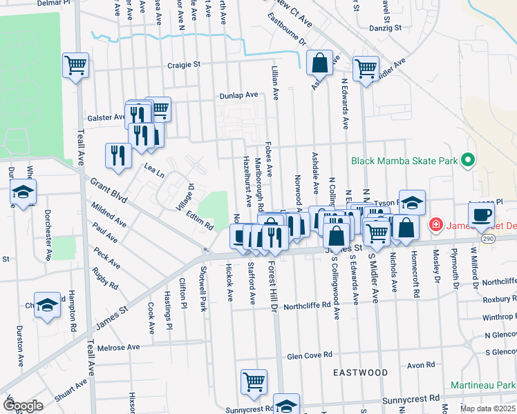 map of restaurants, bars, coffee shops, grocery stores, and more near 147-51 Fobes Avenue in Syracuse