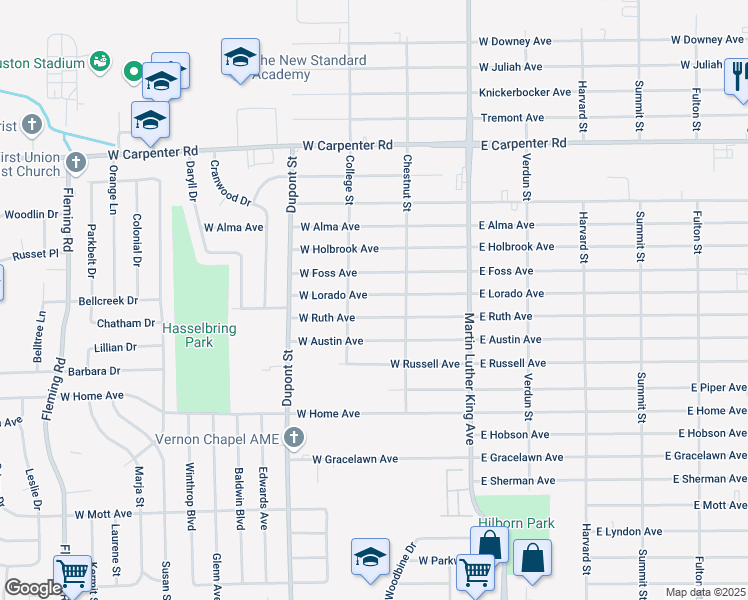 map of restaurants, bars, coffee shops, grocery stores, and more near 506 West Lorado Avenue in Flint