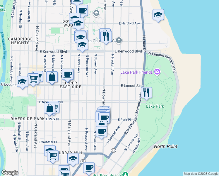 map of restaurants, bars, coffee shops, grocery stores, and more near 2606 East Locust Street in Milwaukee