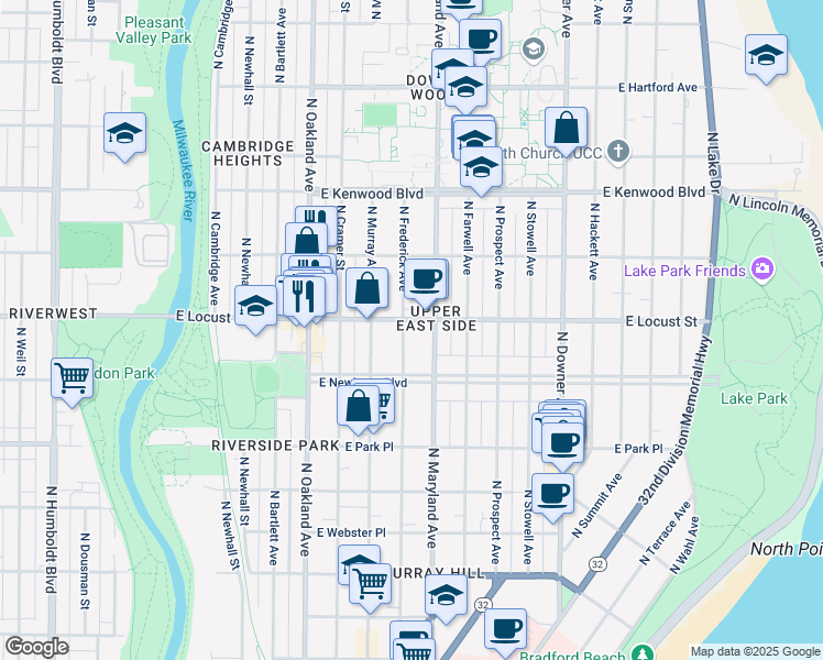 map of restaurants, bars, coffee shops, grocery stores, and more near in Milwaukee
