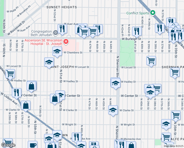 map of restaurants, bars, coffee shops, grocery stores, and more near 2854 North 47th Street in Milwaukee