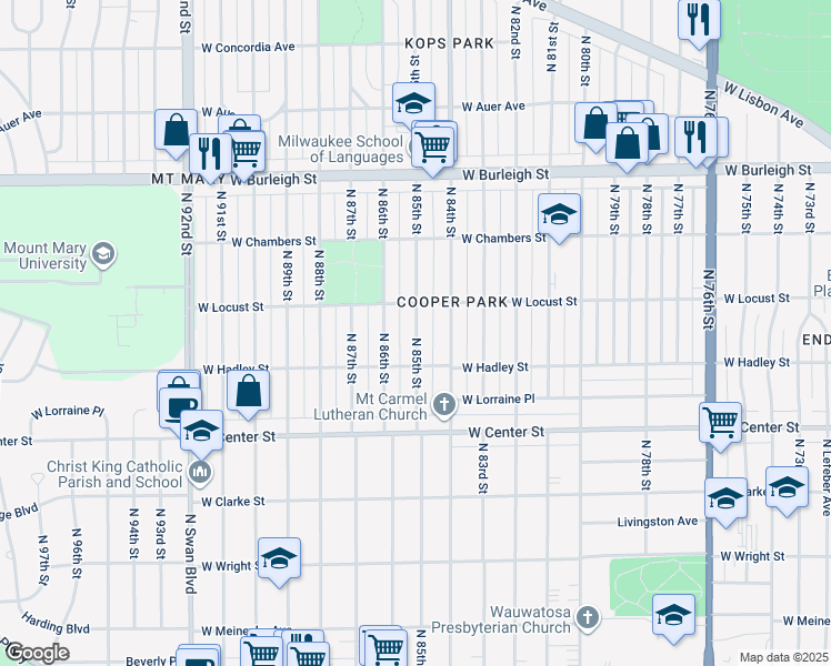 map of restaurants, bars, coffee shops, grocery stores, and more near 2854 North 85th Street in Milwaukee