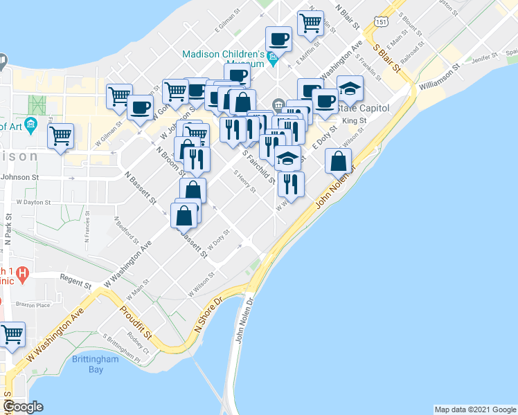 map of restaurants, bars, coffee shops, grocery stores, and more near 200 South Henry Street in Madison