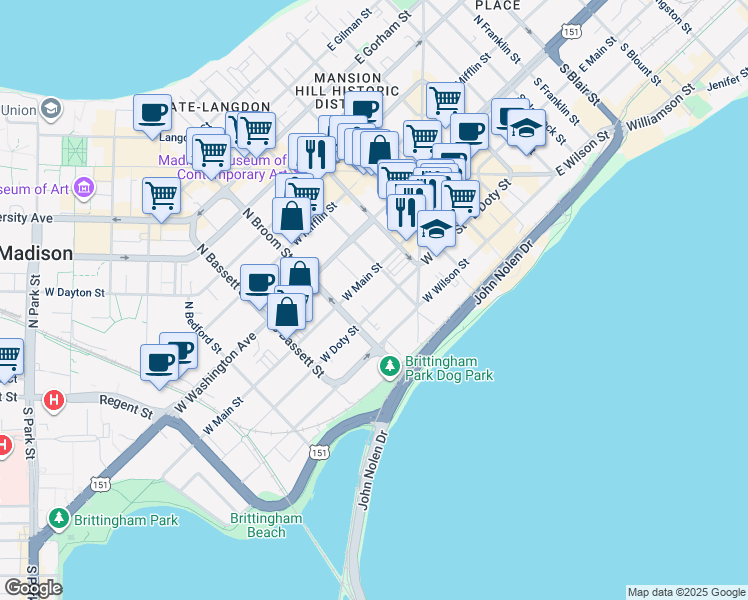 map of restaurants, bars, coffee shops, grocery stores, and more near 333 West Main Street in Madison