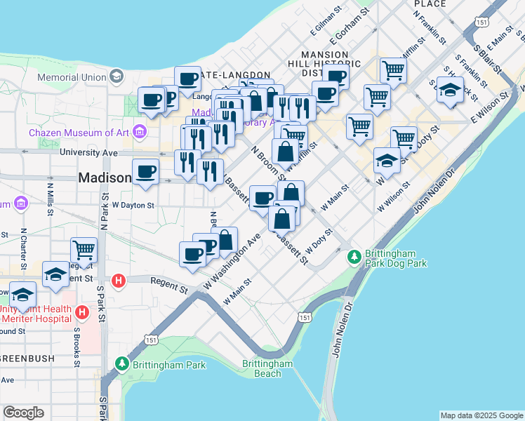map of restaurants, bars, coffee shops, grocery stores, and more near 441 West Mifflin Street in Madison