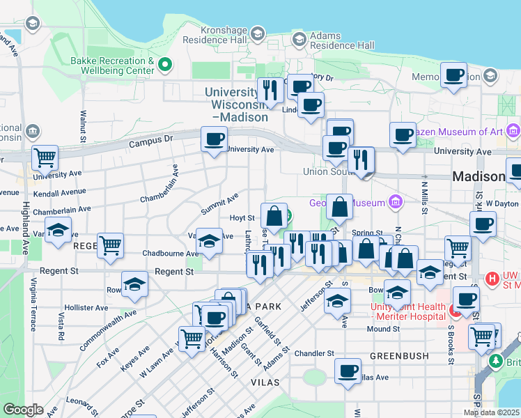 map of restaurants, bars, coffee shops, grocery stores, and more near 138 North Breese Terrace in Madison