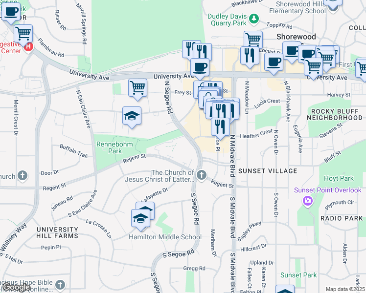 map of restaurants, bars, coffee shops, grocery stores, and more near 406 North Segoe Road in Madison