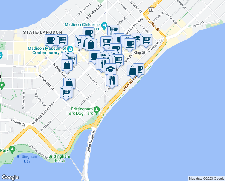 map of restaurants, bars, coffee shops, grocery stores, and more near 131 West Wilson Street in Madison