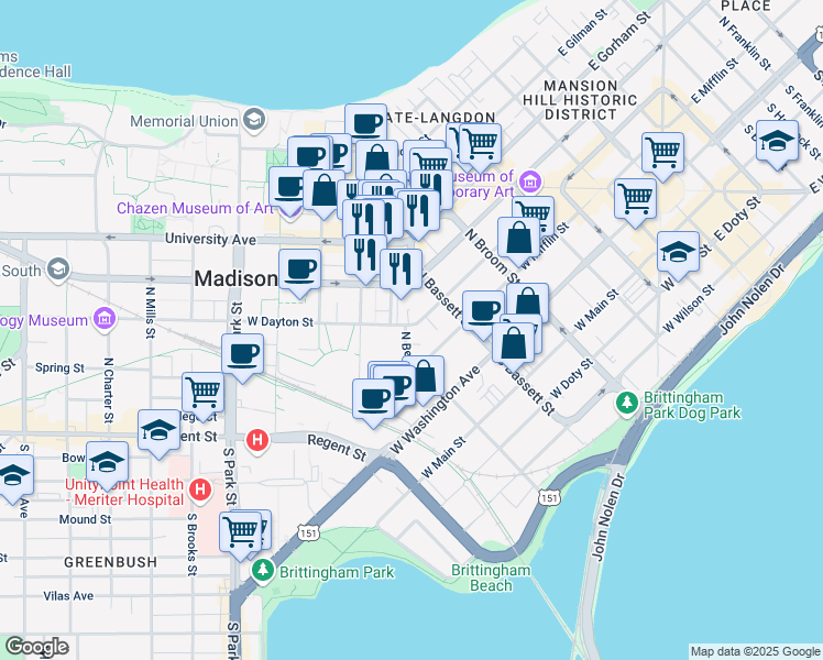 map of restaurants, bars, coffee shops, grocery stores, and more near 133 North Bedford Street in Madison
