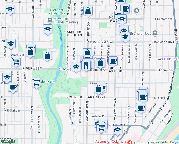 map of restaurants, bars, coffee shops, grocery stores, and more near 2856 North Oakland Avenue in Milwaukee