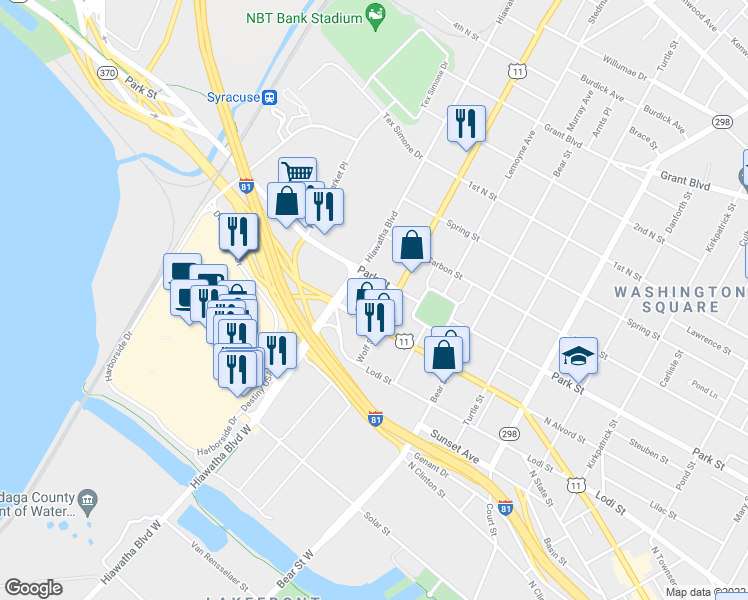 map of restaurants, bars, coffee shops, grocery stores, and more near 1714 North Salina Street in Syracuse