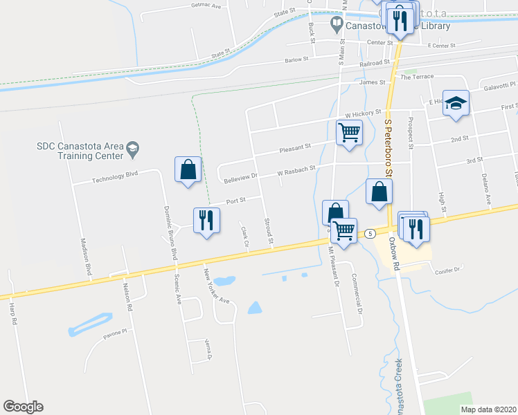 map of restaurants, bars, coffee shops, grocery stores, and more near 207 Stroud Street in Canastota
