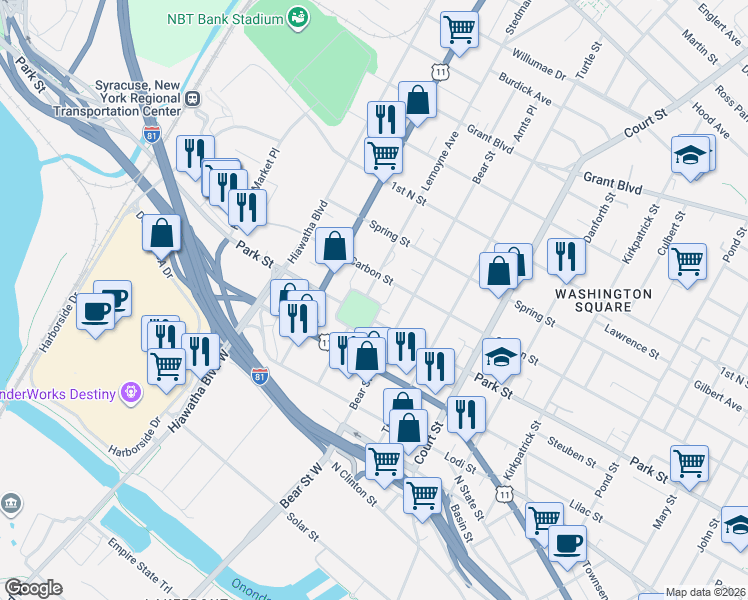 map of restaurants, bars, coffee shops, grocery stores, and more near 401 Lemoyne Avenue in Syracuse