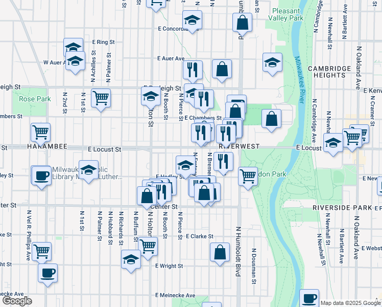 map of restaurants, bars, coffee shops, grocery stores, and more near 2878 North Fratney Street in Milwaukee