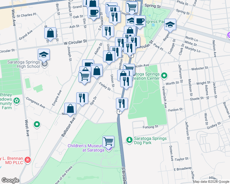 map of restaurants, bars, coffee shops, grocery stores, and more near 5 Adelphi Street in Saratoga Springs