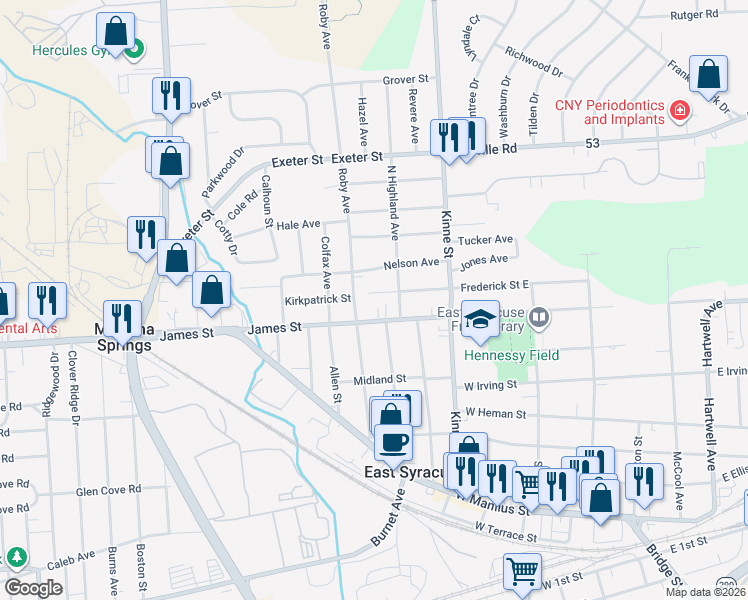map of restaurants, bars, coffee shops, grocery stores, and more near 202 Frederick Street East in East Syracuse