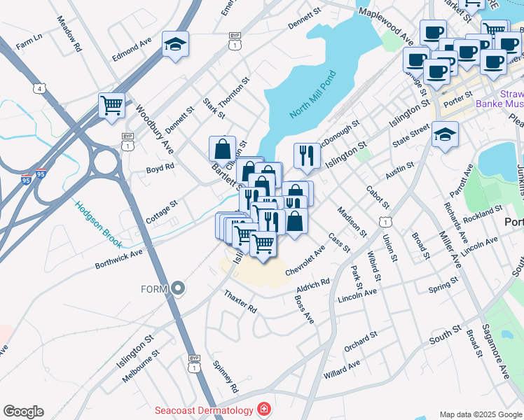 map of restaurants, bars, coffee shops, grocery stores, and more near 653 Islington Street in Portsmouth