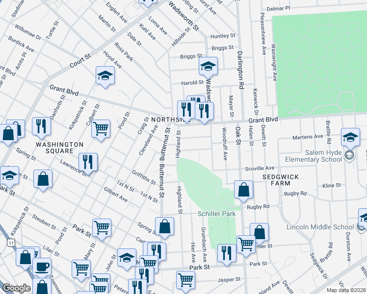 map of restaurants, bars, coffee shops, grocery stores, and more near 1312 Highland Street in Syracuse