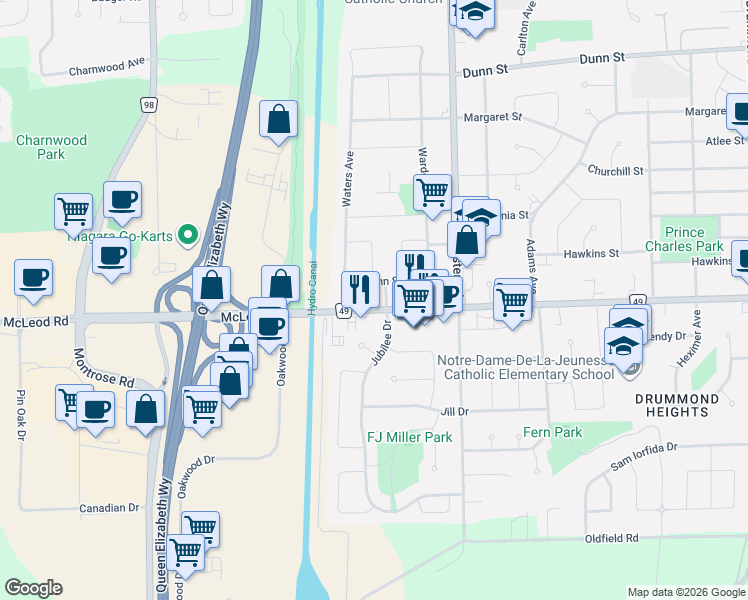 map of restaurants, bars, coffee shops, grocery stores, and more near 7219 Sharon Avenue in Niagara Falls
