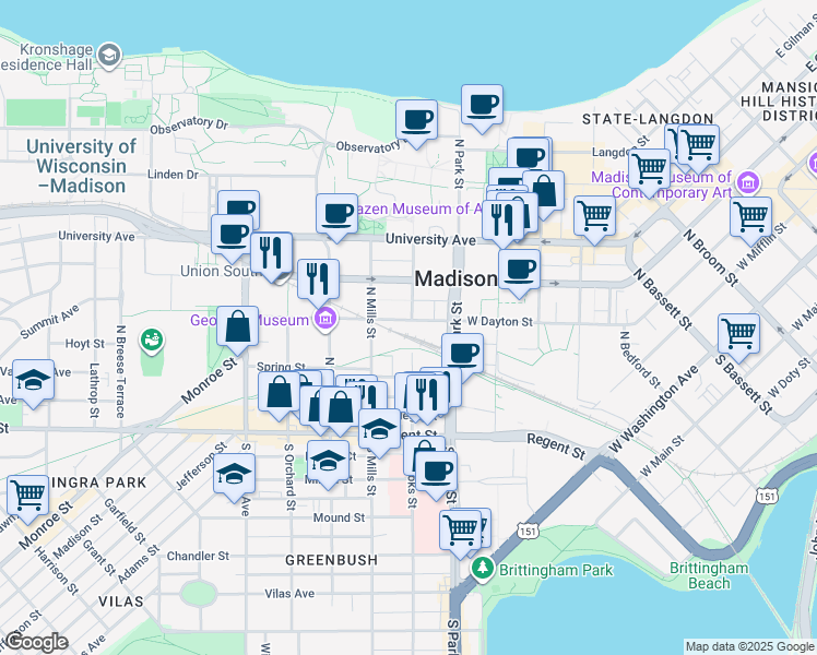 map of restaurants, bars, coffee shops, grocery stores, and more near 1001 West Dayton Street in Madison