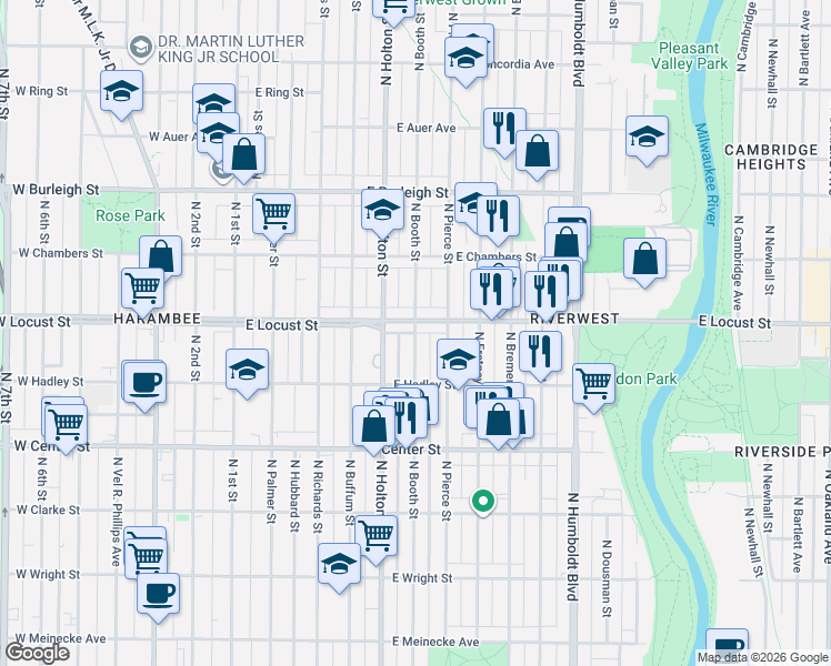 map of restaurants, bars, coffee shops, grocery stores, and more near North Booth Street in Milwaukee