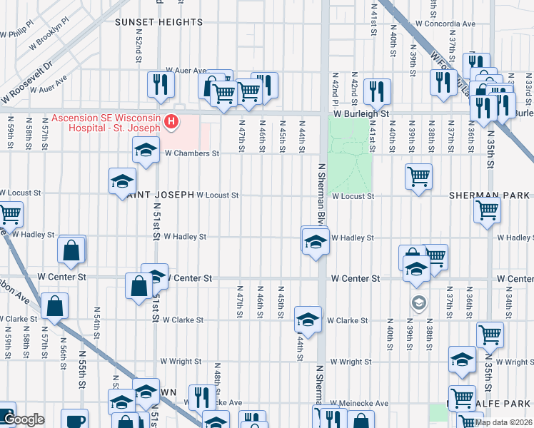 map of restaurants, bars, coffee shops, grocery stores, and more near 2857 North 45th Street in Milwaukee