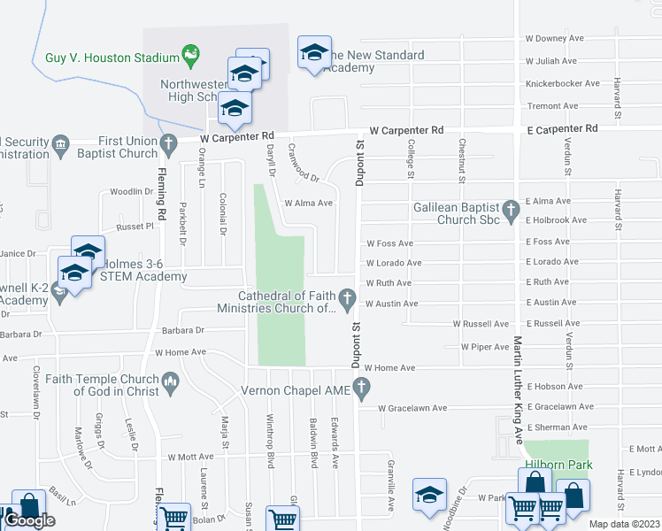 map of restaurants, bars, coffee shops, grocery stores, and more near 6507 Cranwood Drive in Flint