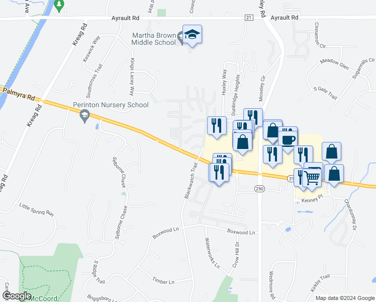 map of restaurants, bars, coffee shops, grocery stores, and more near 11 Foxcroft Trail in Fairport
