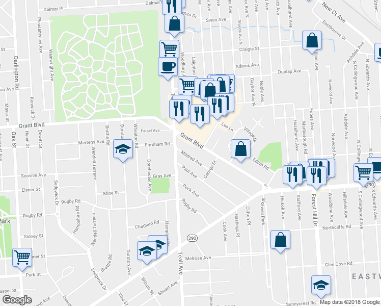 map of restaurants, bars, coffee shops, grocery stores, and more near 364 Mildred Avenue in Syracuse