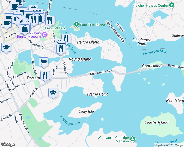 map of restaurants, bars, coffee shops, grocery stores, and more near 391 New Castle Avenue in Portsmouth