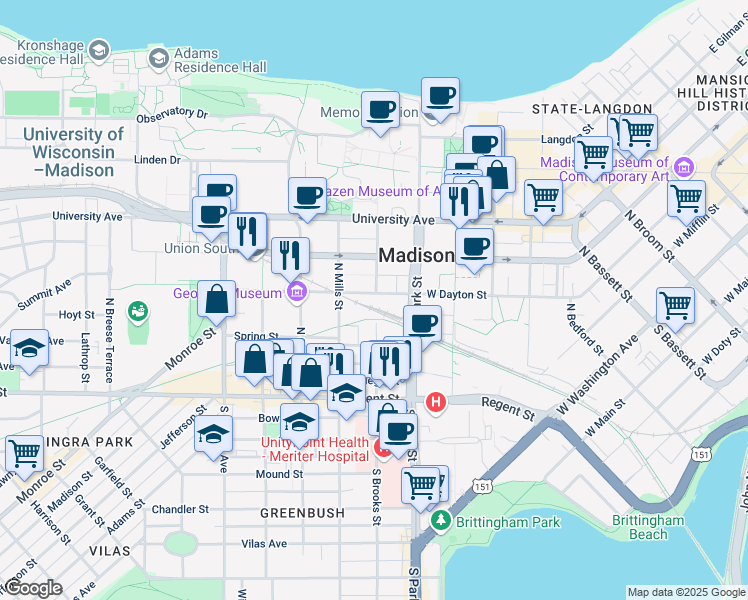 map of restaurants, bars, coffee shops, grocery stores, and more near 1014 West Dayton Street in Madison