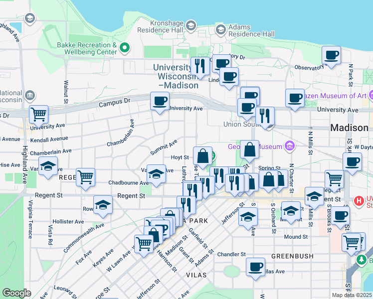 map of restaurants, bars, coffee shops, grocery stores, and more near 133 Lathrop Street in Madison
