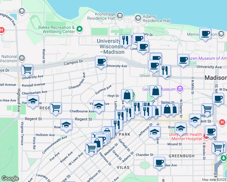 map of restaurants, bars, coffee shops, grocery stores, and more near 132 Lathrop Street in Madison