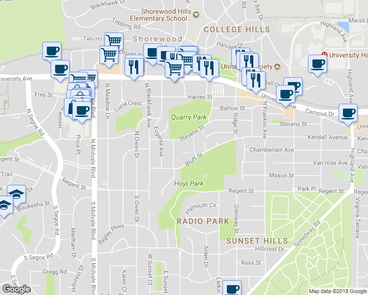 map of restaurants, bars, coffee shops, grocery stores, and more near 3217 Stevens Street in Madison